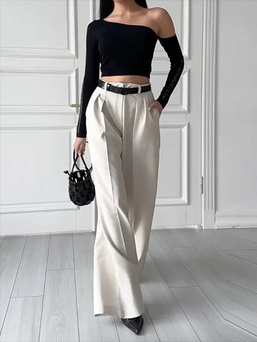 MQTIME  -  Women's Loose Fit Casual Suit Pants Split-Joint High Waist Floor Length Trousers Straight Pants for Office Ladies